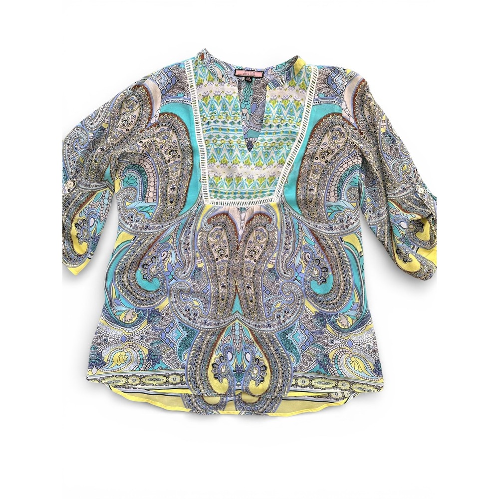 Olive Hill Paisley‎ Print Tunic Blouse Turquoise Yellow Roll Tab Sleeve Womens M